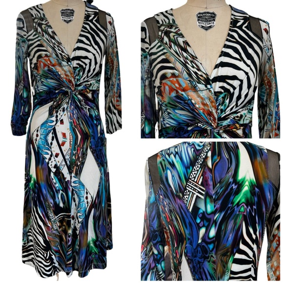 TERI JON RICKIE FREEMAN Long Sleeve Twisted V Neck Mixed Print Midi Dress Size 6